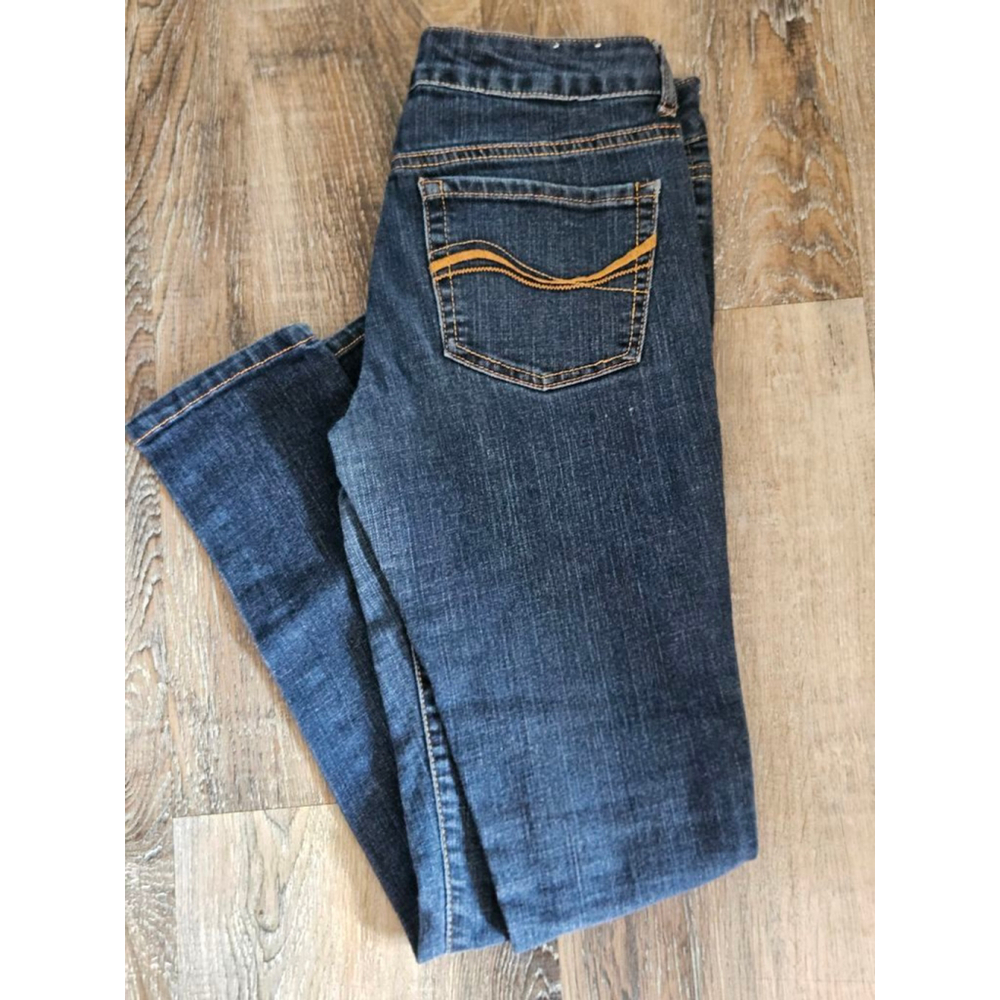 Women's SO Dark Blue Skinny Jeans Juniors 5 with Orange Stitching - Picture 2 of 4